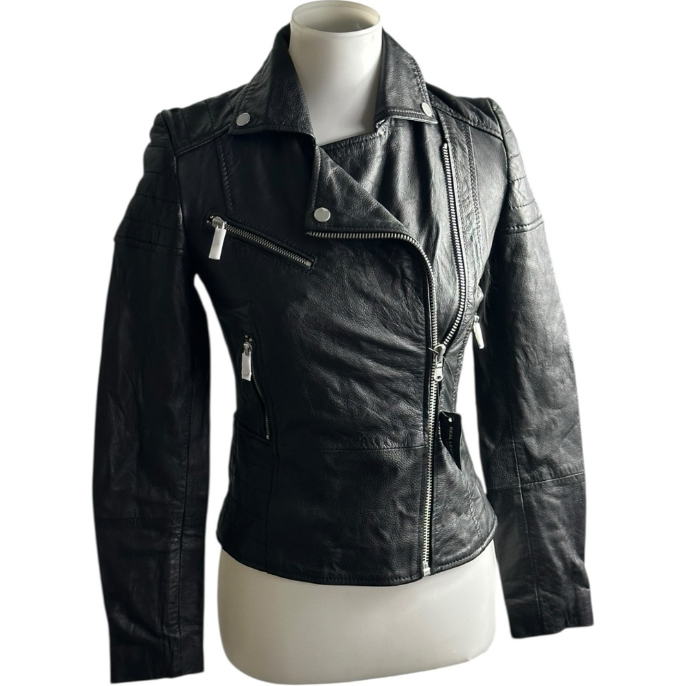 Barney's Originals Clara Real Sheep Leather Moto Black Jacket Size 6 NWT NEW